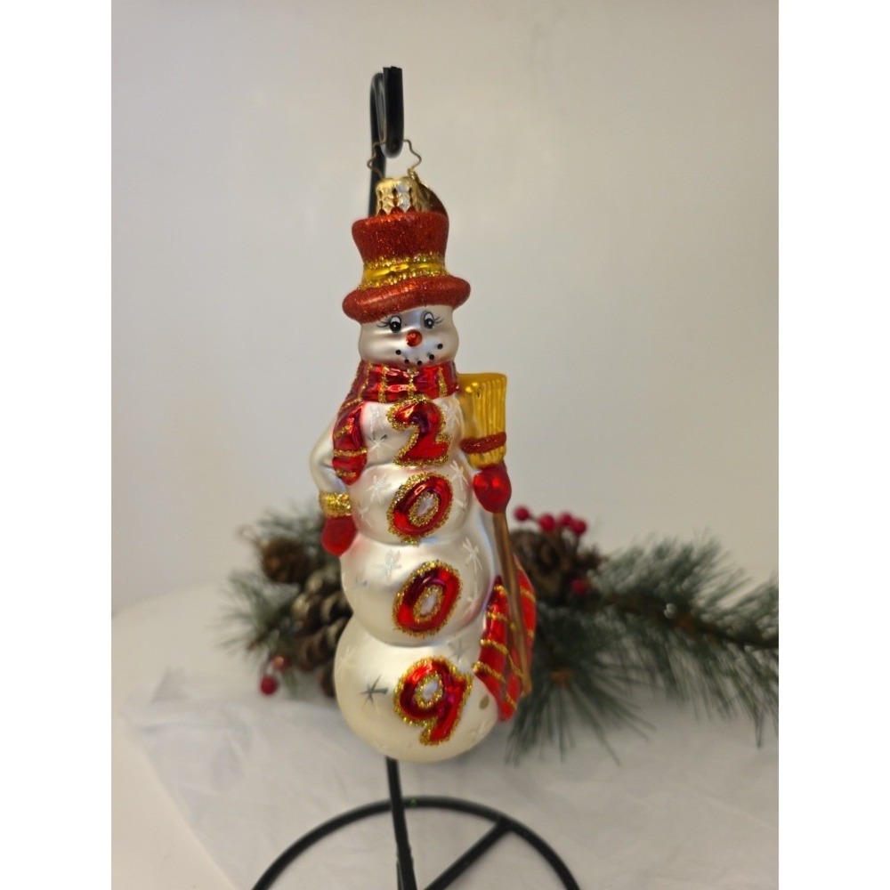 Christopher Radko 2009 Snowman Broom 6.5" Glass Christmas Ornament Red Gold